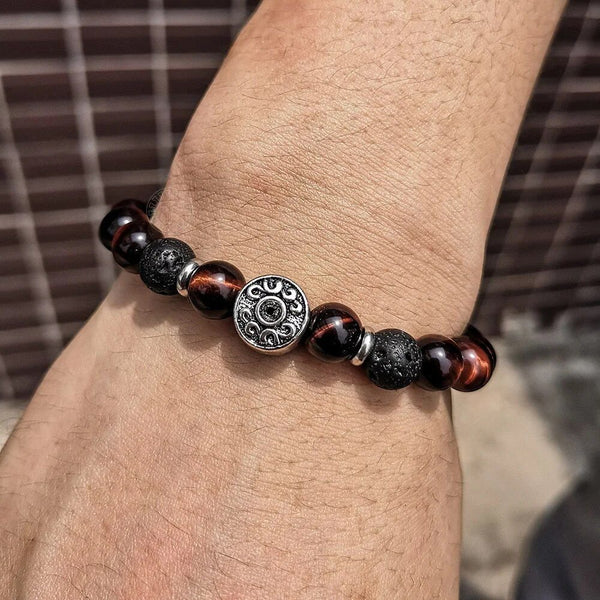 Red Tiger Eye & Black Lava Beaded Stretch Bracelet