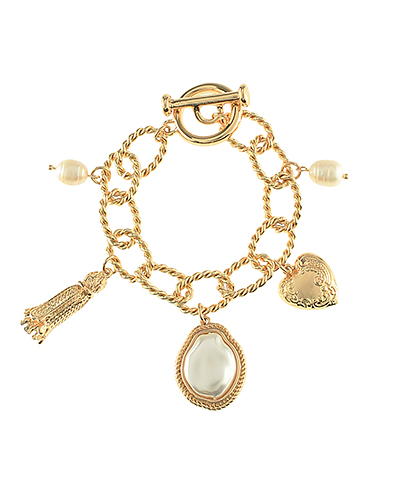 Pearl & Heart Charm Oval Chain Bracelet