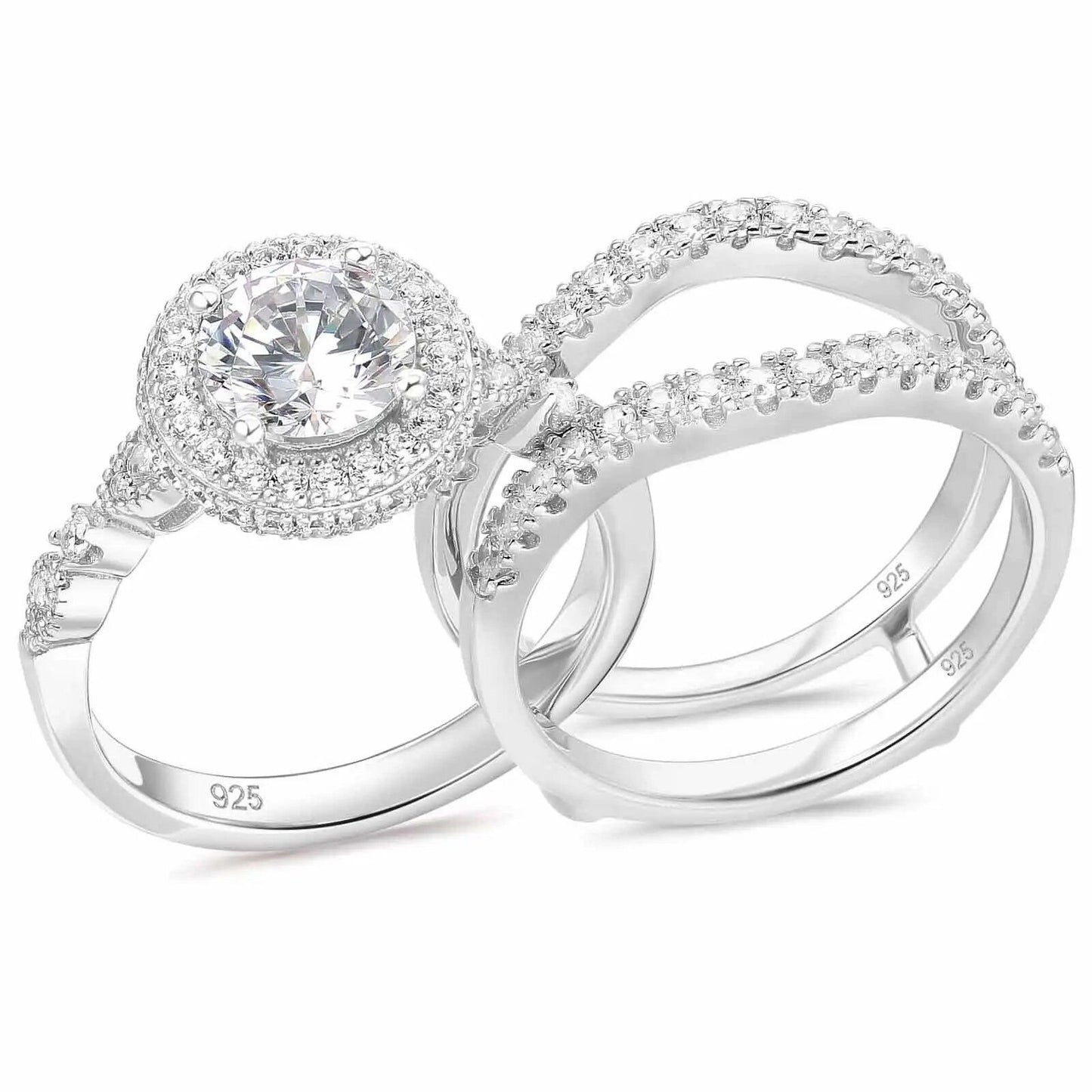 Genuine 925 Sterling Silver Round Shape Wedding Rings Set with AAAAA CZ Stones