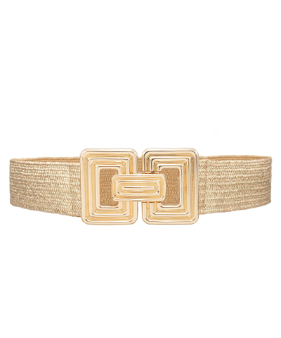 Ribbed Rectangle Buckle Metallic Straw Belt