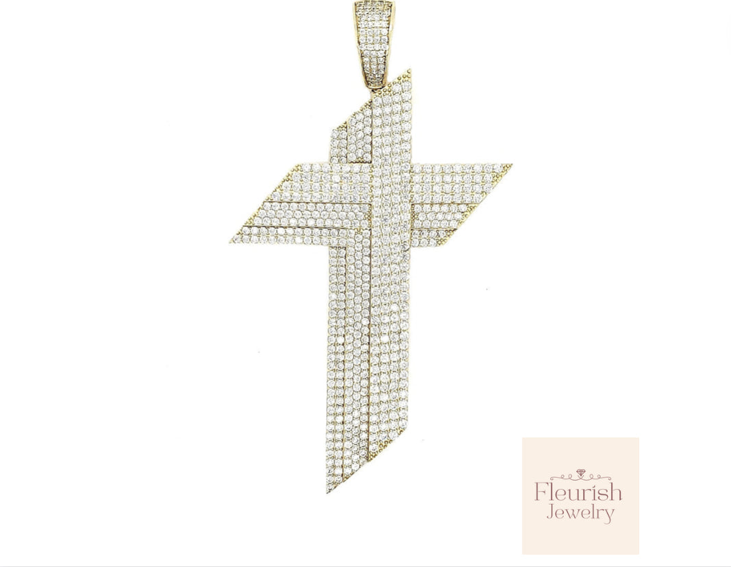 925 sterling silver and 14k Gold plated pendant “CROSS” pave round shape CZ