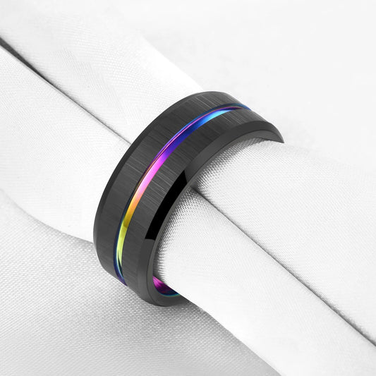 Tungsten Carbide 8mm Black Wedding Band with Rainbow Groove