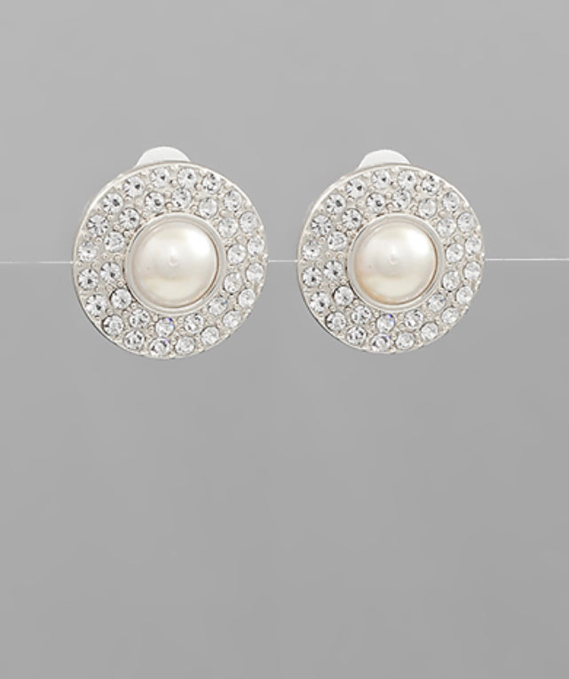 Pave & Pearl Round Clip on Earrings