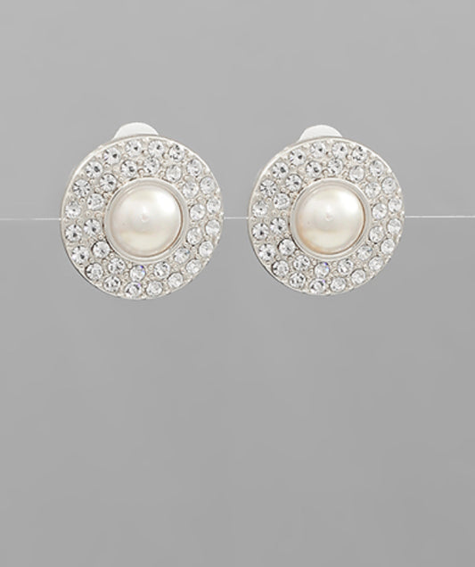 Pave & Pearl Round Clip on Earrings