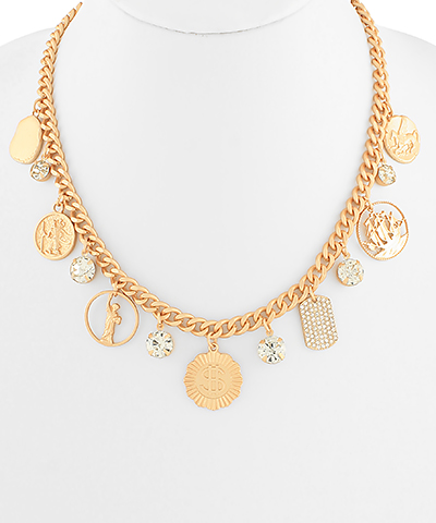 Pave & Multi Shape Coin Necklace