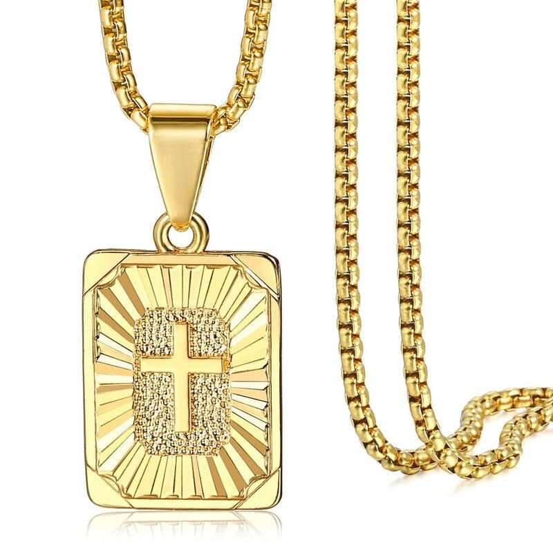 New Gold Square Christian Cross Pendant Necklace with 20” Chain