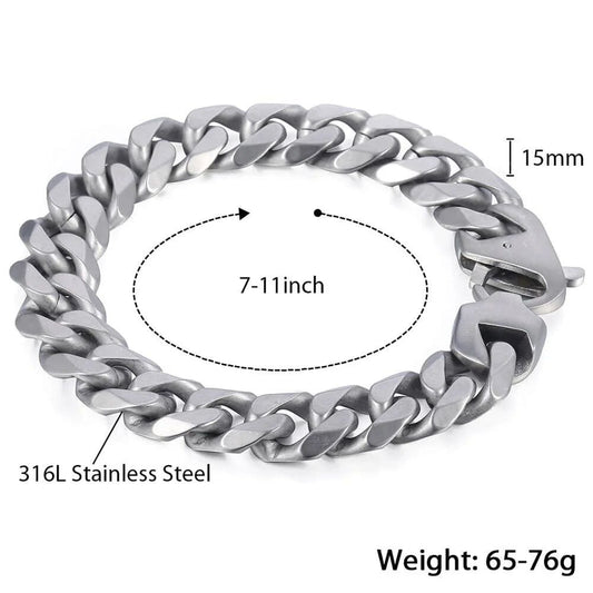 Stylish Matte Silver 15mm Stainless Steel Cuban Link Bracelet for Men