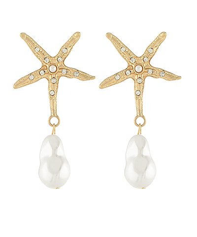 Pave Starfish & Baroque Pearl Earrings