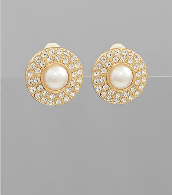 Pave & Pearl Round Clip on Earrings