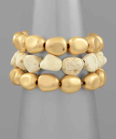 Stone & Metal Bead 3 Row Bracelet Set