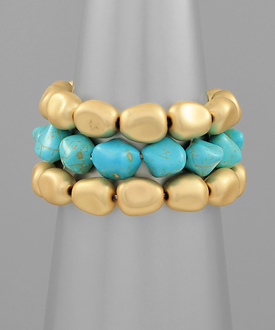 Stone & Metal Bead 3 Row Bracelet Set