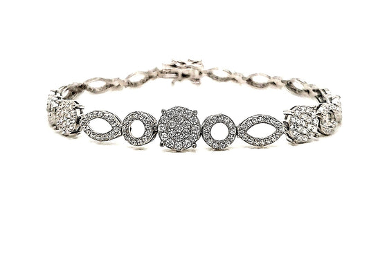 925 Sterling Silver Rhodium Plated Oval and Circle Shaped With  Round CZ Stones Fancy Bracelet.