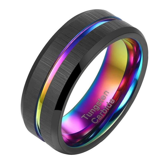 Tungsten Carbide 8mm Black Wedding Band with Rainbow Groove