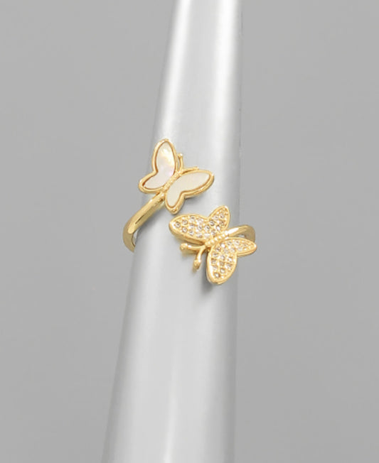 Pave & Pearl Butterfly Ring with Crystal Detailing, adjustable to fit any size.