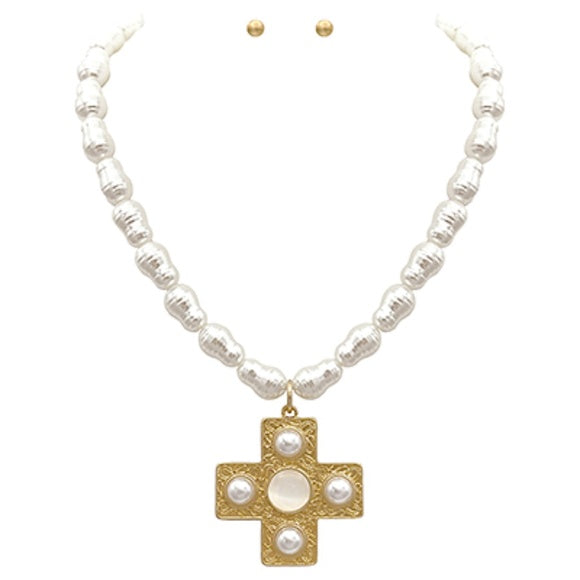 Cross & Pearl Statment Necklace Set