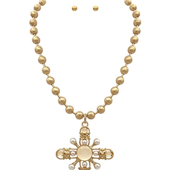 Baroque Cross & Ball Chain Necklace Set