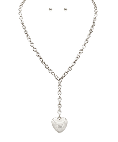 Adjustable Chain Puffy Heart Necklace Set - Silver color