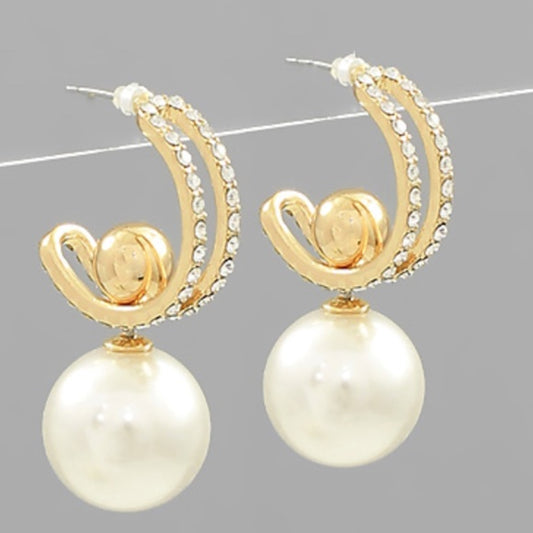 Round Pearl Dangle Pave Hoops