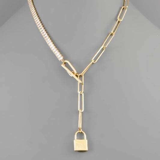 Lock Charm Y Paper-Clip Chain Necklace