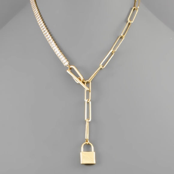 Lock Charm Y Paper-Clip Chain Necklace