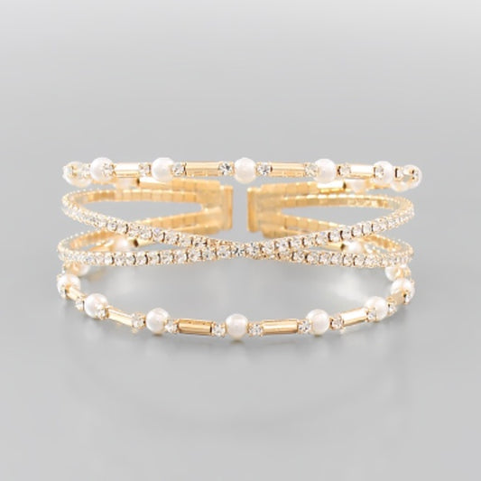 Pearl & Crystal 4 Row Cuff