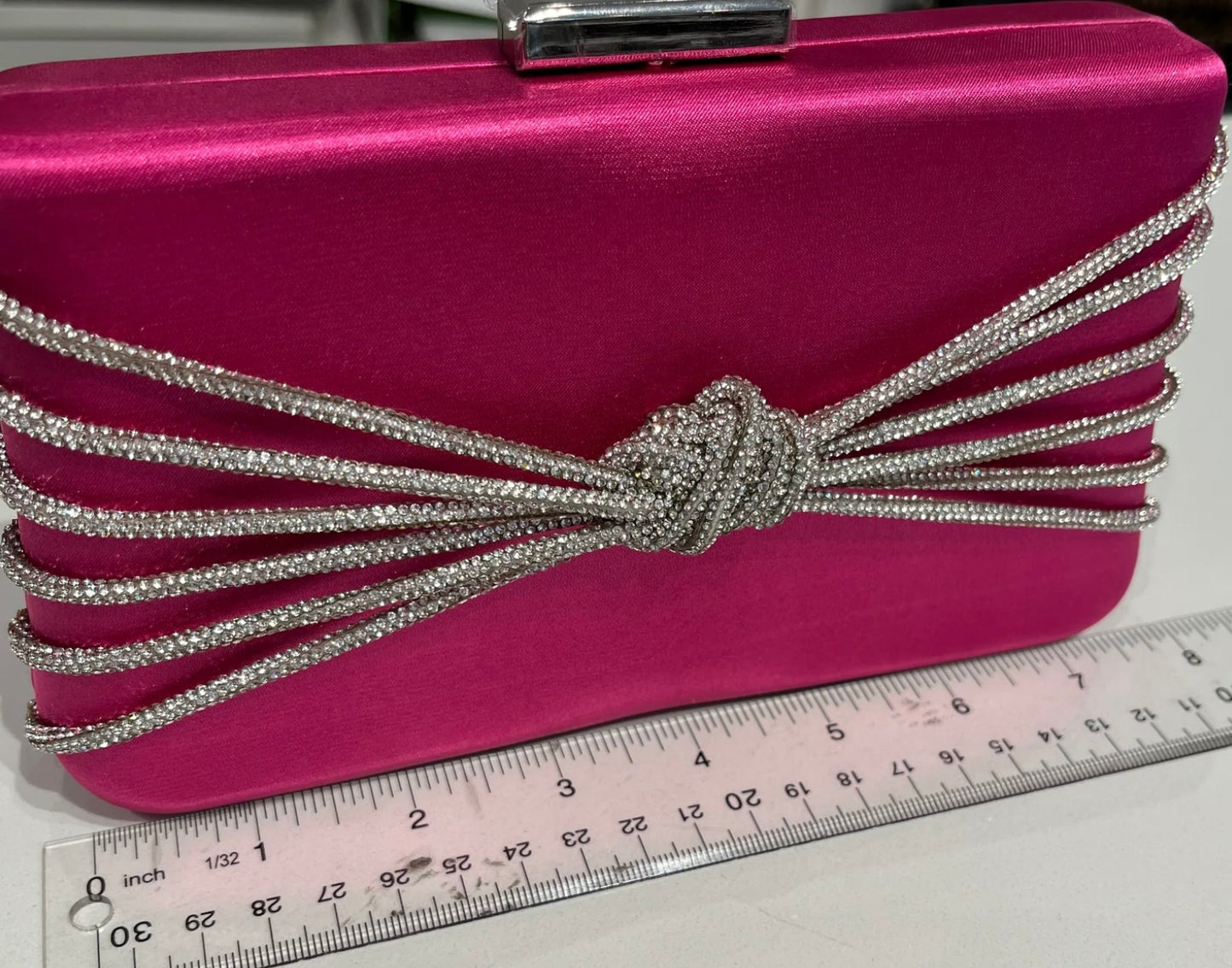 Knotted Rhinestone Line Satin Clutch