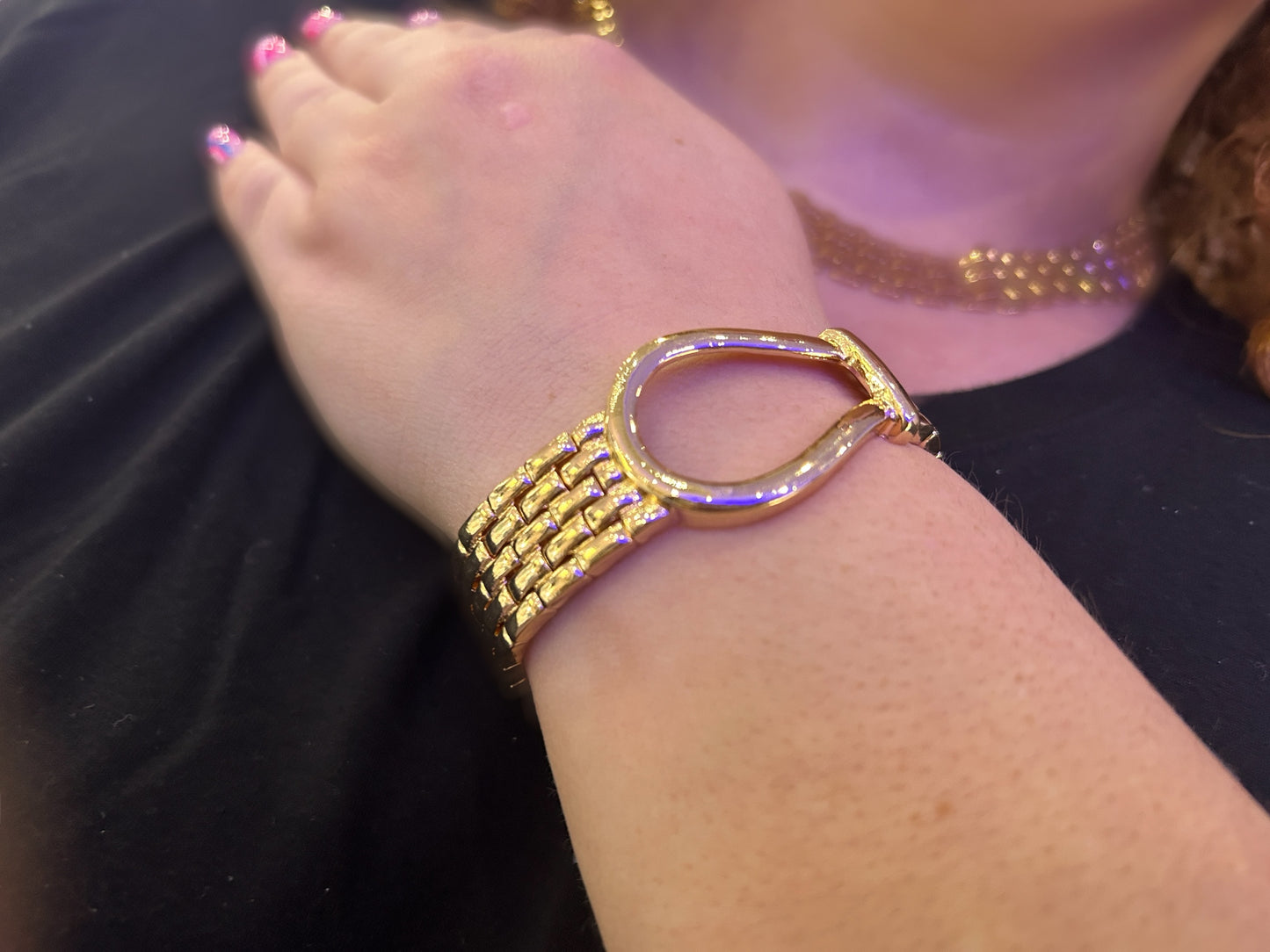 Watch Band Chain Choker Necklace & Horseshoe Accent Bracelet Set